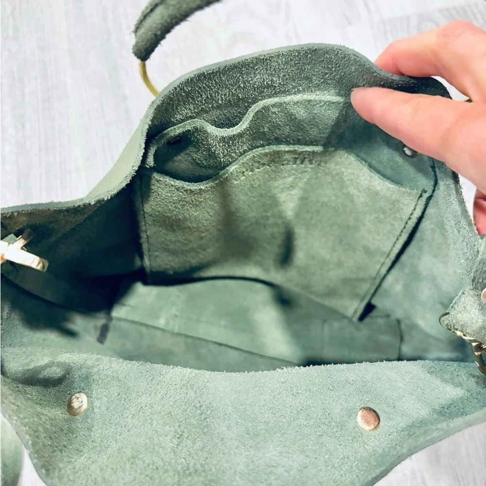 Tribe Alive Suede Olive Green Crossbody Bag with Gold Handles - Picture 7 of 8